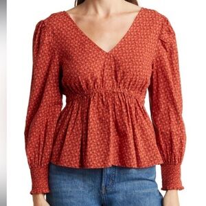 Madewell Women's Red Floral Babydoll V-Neck Top